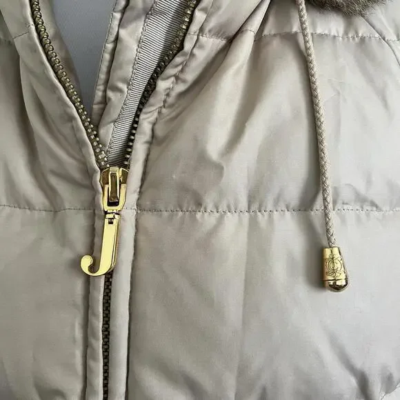 Y2K Vintage Juicy Couture Tan Puffer Jacket Faux Fur Hood Glam Winter Coat Small - Picture 2 of 9